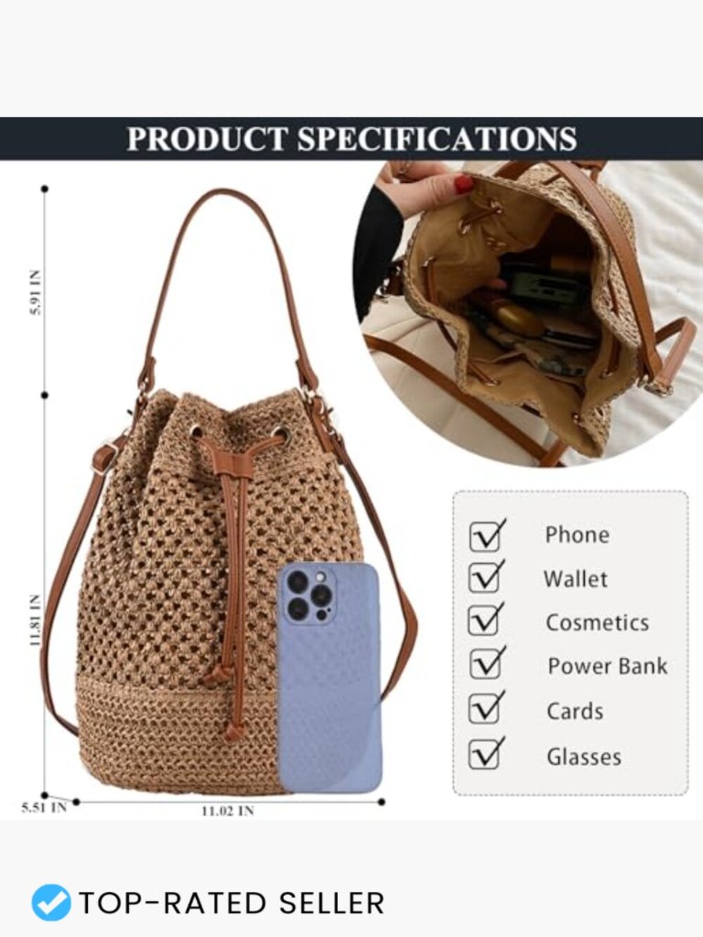 Woven Straw Bucket Bag Summer Fashion Handbag Crossbody Hobo Drawstring Purse - Picture 4 of 7